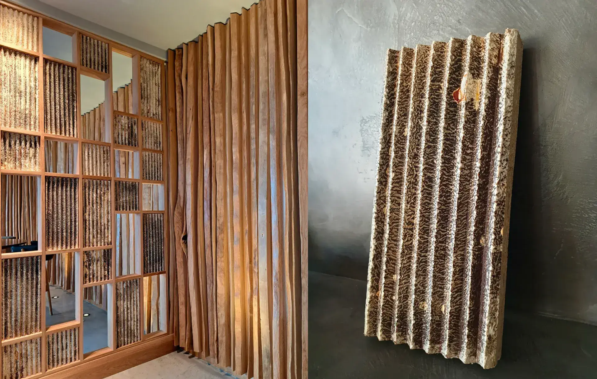 Warm restaurant interior with timber screens and a close view of a textured mycelium panel